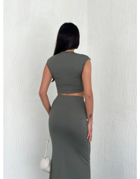 Osy odal Yumuşak Dokulu Kumaş Büzgülü Crop Etek Takım  int Yeşili