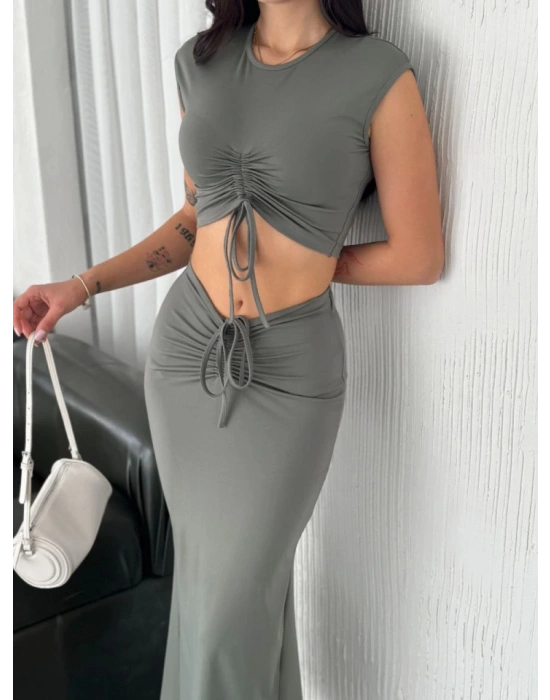 Osy odal Yumuşak Dokulu Kumaş Büzgülü Crop Etek Takım  int Yeşili