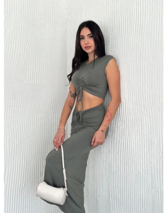 Osy odal Yumuşak Dokulu Kumaş Büzgülü Crop Etek Takım  int Yeşili