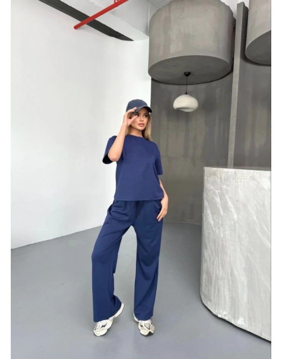 Osy odal Yumuşak Dokulu Kumaş Kısa Kollu Bluz Rahat Pantalon Ikili Takım acivert