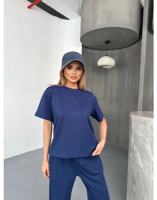 Osy odal Yumuşak Dokulu Kumaş Kısa Kollu Bluz Rahat Pantalon Ikili Takım acivert