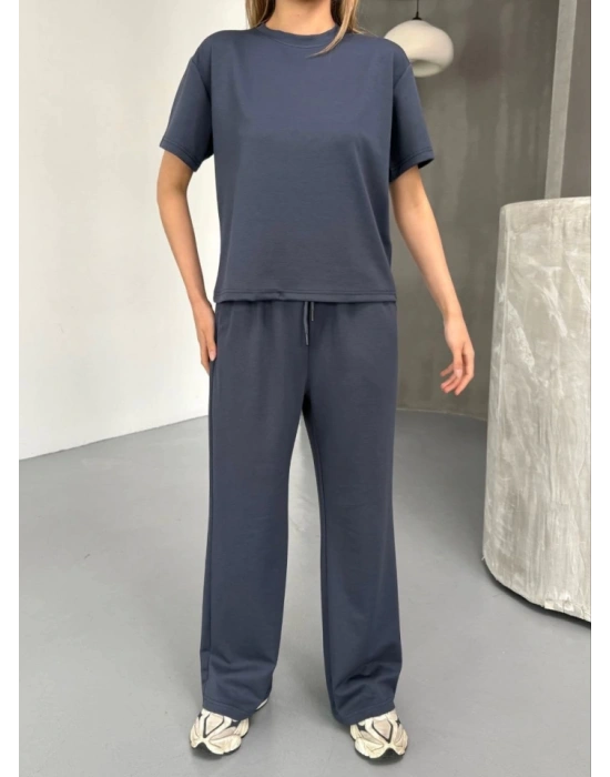 Osy odal Yumuşak Dokulu Kumaş Kısa Kollu Bluz Rahat Pantalon Ikili Takım Füme