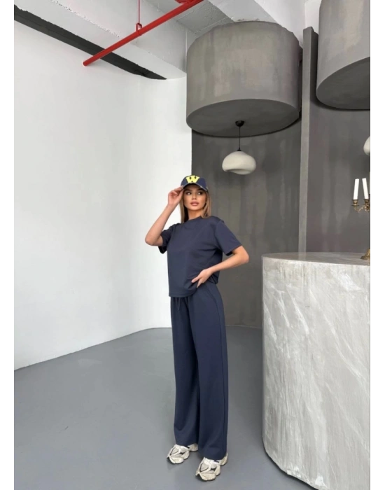 Osy odal Yumuşak Dokulu Kumaş Kısa Kollu Bluz Rahat Pantalon Ikili Takım Füme