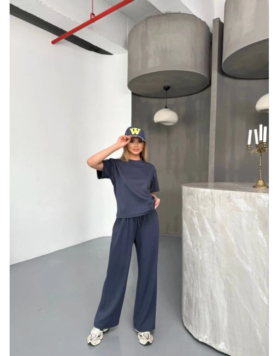 Osy odal Yumuşak Dokulu Kumaş Kısa Kollu Bluz Rahat Pantalon Ikili Takım Füme