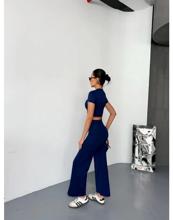 Osy odal Yumuşak Dokulu Kumaş Kısa Kollu Crop Alt Ispanyol Paça Pantalon Ikili Takım  acivert