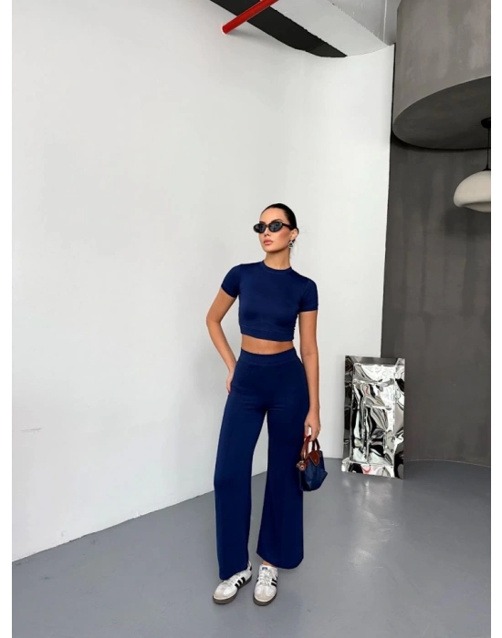 Osy odal Yumuşak Dokulu Kumaş Kısa Kollu Crop Alt Ispanyol Paça Pantalon Ikili Takım  acivert