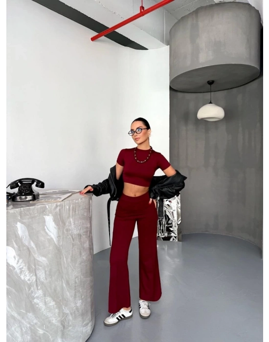Osy odal Yumuşak Dokulu Kumaş Kısa Kollu Crop Alt Ispanyol Paça Pantalon Ikili Takım  Bordo