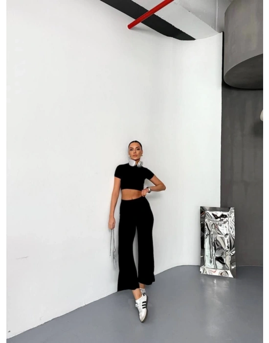 Osy odal Yumuşak Dokulu Kumaş Kısa Kollu Crop Alt Ispanyol Paça Pantalon Ikili Takım  iyah