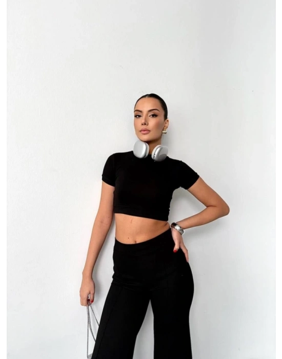 Osy odal Yumuşak Dokulu Kumaş Kısa Kollu Crop Alt Ispanyol Paça Pantalon Ikili Takım  iyah