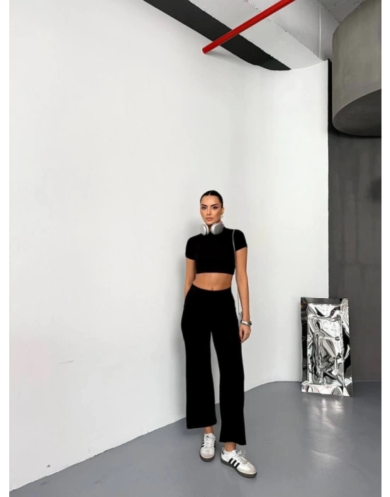 Osy odal Yumuşak Dokulu Kumaş Kısa Kollu Crop Alt Ispanyol Paça Pantalon Ikili Takım  iyah