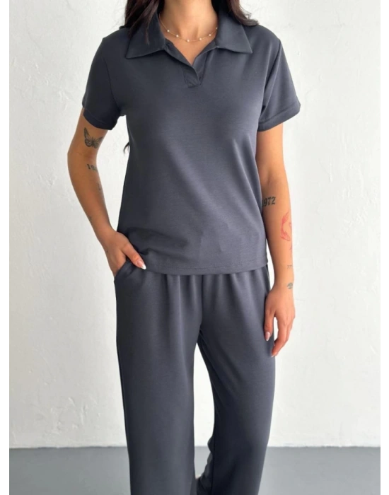 Osy odal Yumuşak Dokulu Kumaş Kısa Kollu Yakalı Tshirt Pantalon Ikili Takım Antrasit