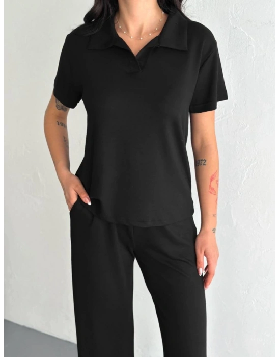 Osy odal Yumuşak Dokulu Kumaş Kısa Kollu Yakalı Tshirt Pantalon Ikili Takım iyah