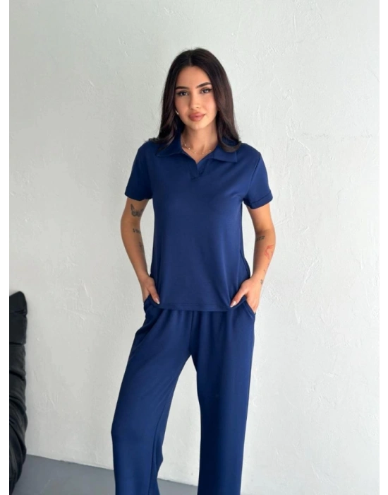 Osy odal Yumuşak Dokulu Kumaş Kısa Kollu Yakalı Tshirt Pantalon Ikili Takım Lacivert