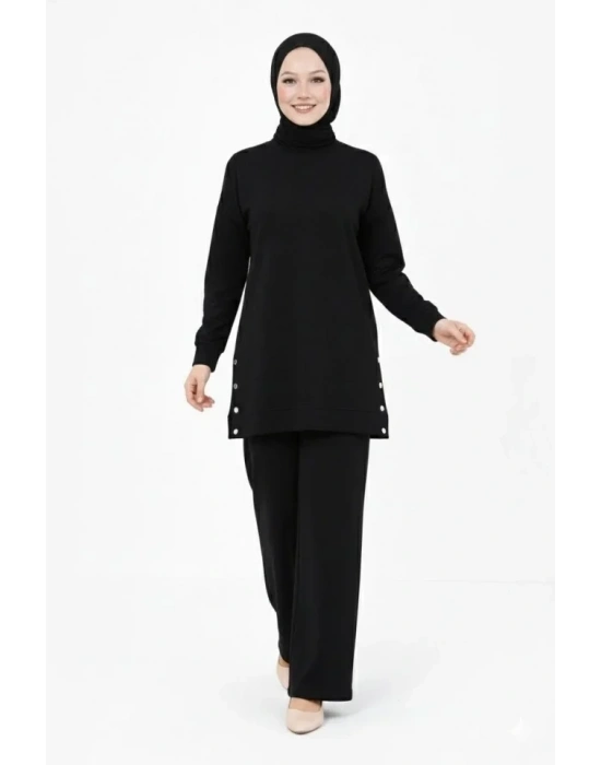 Osy odal Yumuşak Dokulu Kumaş odern Tesettür Takım Yandan etal Çıtçıtlı Uzun Tunik Pantolon et alaş Kalıp  iyah