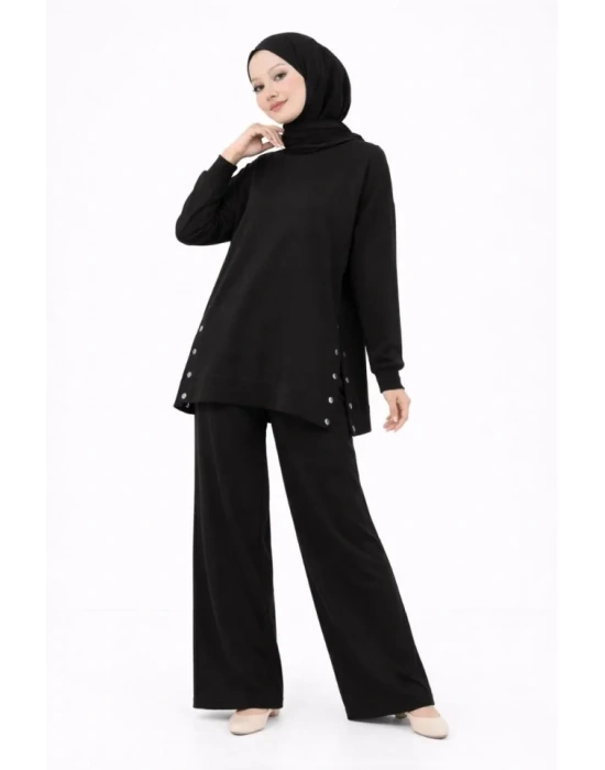 Osy odal Yumuşak Dokulu Kumaş odern Tesettür Takım Yandan etal Çıtçıtlı Uzun Tunik Pantolon et alaş Kalıp  iyah