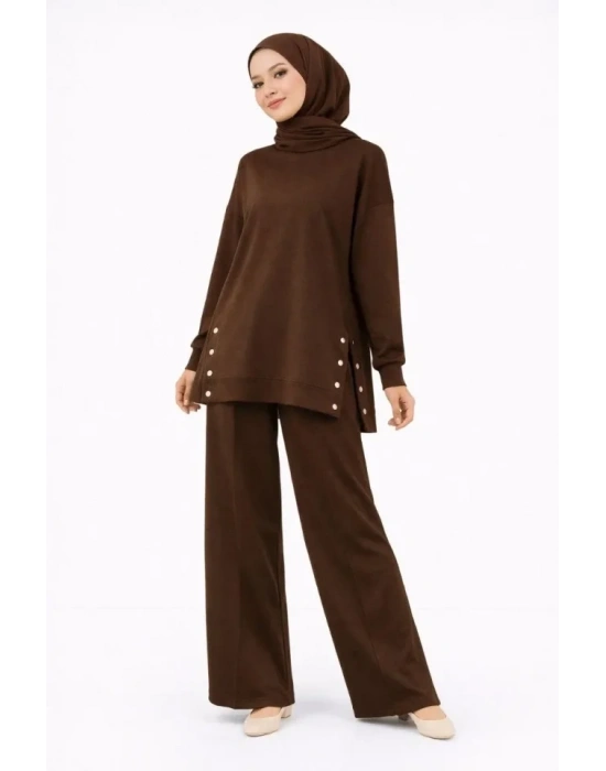 Osy odal Yumuşak Dokulu Kumaş odern Tesettür Takım Yandan etal Çıtçıtlı Uzun Tunik Pantolon et alaş Kalıp  Kahverengi