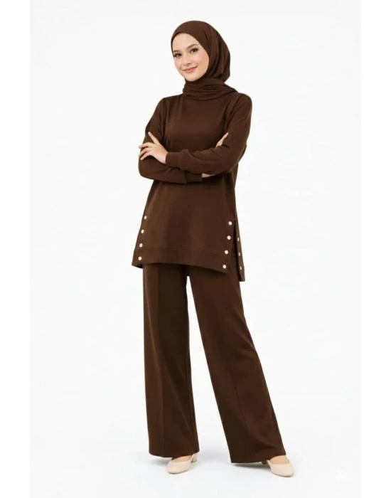 Osy odal Yumuşak Dokulu Kumaş odern Tesettür Takım Yandan etal Çıtçıtlı Uzun Tunik Pantolon et alaş Kalıp  Kahverengi