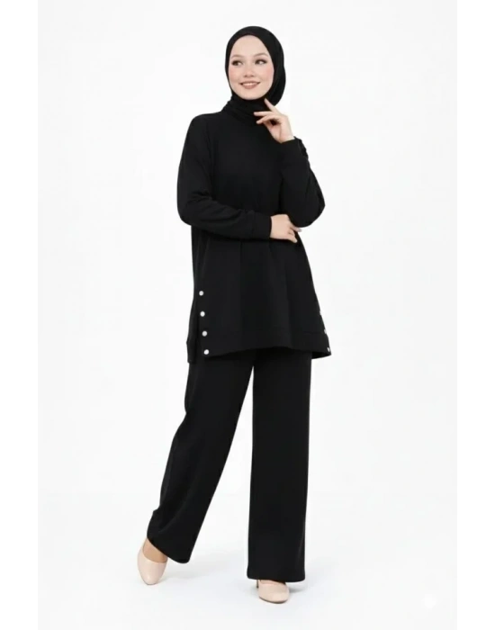 Osy odal Yumuşak Dokulu Kumaş odern Tesettür Takım Yandan etal Çıtçıtlı Uzun Tunik Pantolon et alaş Kalıp  iyah