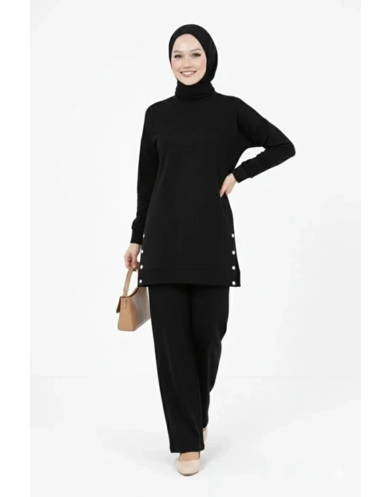 Osy odal Yumuşak Dokulu Kumaş odern Tesettür Takım Yandan etal Çıtçıtlı Uzun Tunik Pantolon et alaş Kalıp  iyah