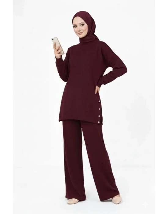 Osy odal Yumuşak Dokulu Kumaş odern Tesettür Takım Yandan etal Çıtçıtlı Uzun Tunik Pantolon et alaş Kalıp  Bordo
