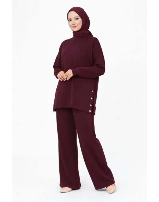 Osy odal Yumuşak Dokulu Kumaş odern Tesettür Takım Yandan etal Çıtçıtlı Uzun Tunik Pantolon et alaş Kalıp  Bordo