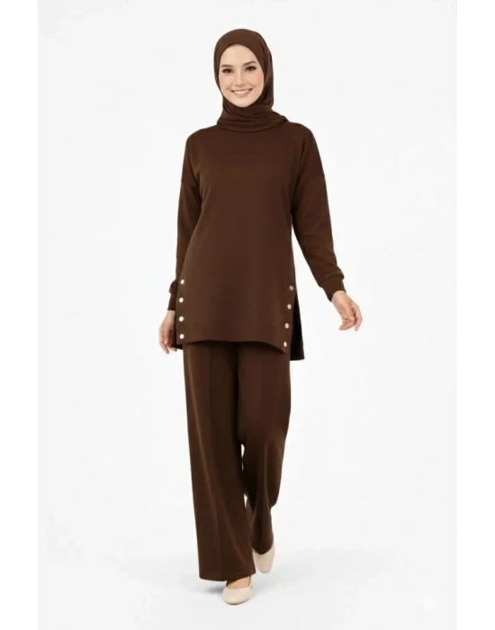 Osy odal Yumuşak Dokulu Kumaş odern Tesettür Takım Yandan etal Çıtçıtlı Uzun Tunik Pantolon et alaş Kalıp  Kahverengi