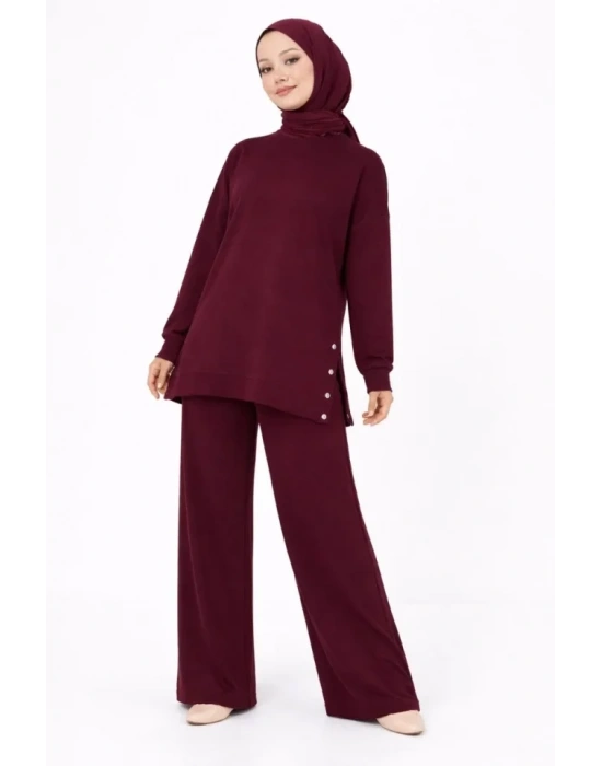 Osy odal Yumuşak Dokulu Kumaş odern Tesettür Takım Yandan etal Çıtçıtlı Uzun Tunik Pantolon et alaş Kalıp  Bordo