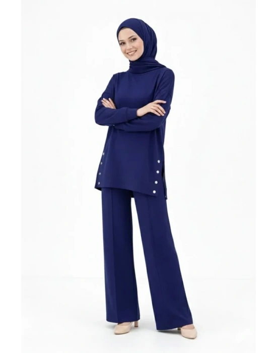 Osy odal Yumuşak Dokulu Kumaş odern Tesettür Takım Yandan etal Çıtçıtlı Uzun Tunik Pantolon et alaş Kalıp  acivert