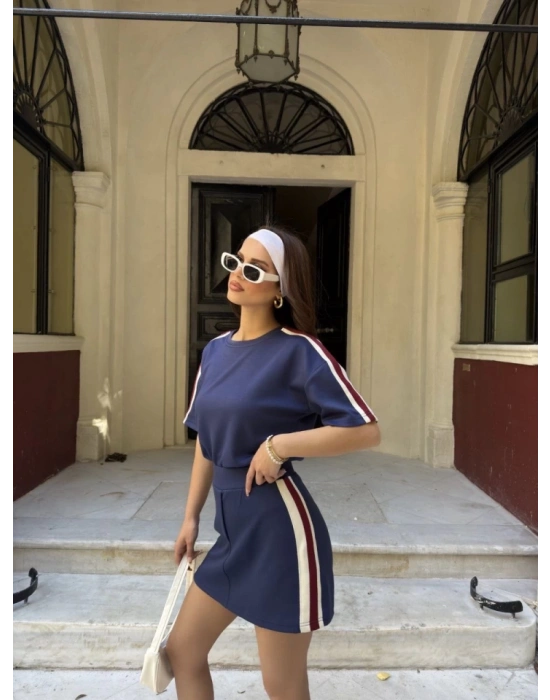 Osy odal Yumuşak Dokulu Kumaş Parçalı Bisiklet Yaka Tshirt ini Şortlu Etek İkili Takım acivert