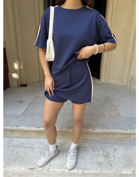 Osy odal Yumuşak Dokulu Kumaş Parçalı Bisiklet Yaka Tshirt ini Şortlu Etek İkili Takım acivert