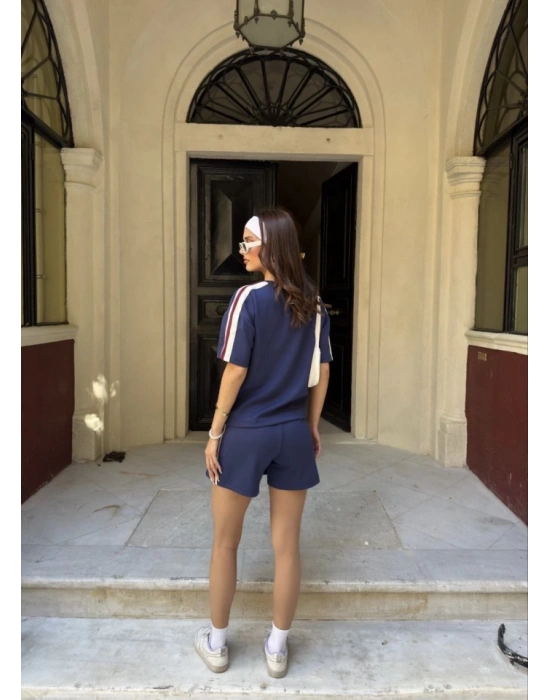 Osy odal Yumuşak Dokulu Kumaş Parçalı Bisiklet Yaka Tshirt ini Şortlu Etek İkili Takım acivert