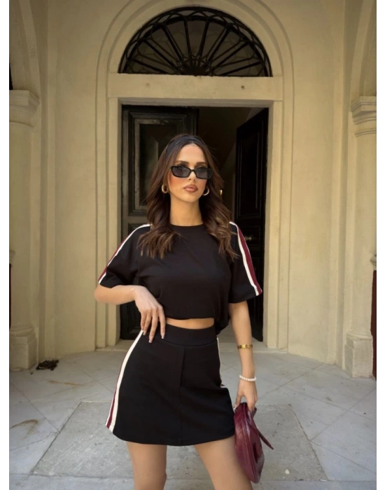 Osy odal Yumuşak Dokulu Kumaş Parçalı Bisiklet Yaka Tshirt ini Şortlu Etek İkili Takım  iyah