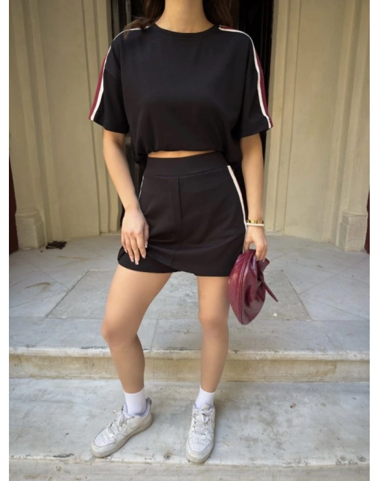 Osy odal Yumuşak Dokulu Kumaş Parçalı Bisiklet Yaka Tshirt ini Şortlu Etek İkili Takım  iyah