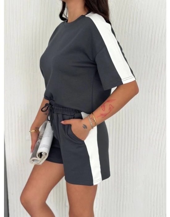 Osy odal Yumuşak Dokulu Kumaş Parçalı Bisiklet Yaka Tshirt Kısa Şort İkili Takım  Antrasit