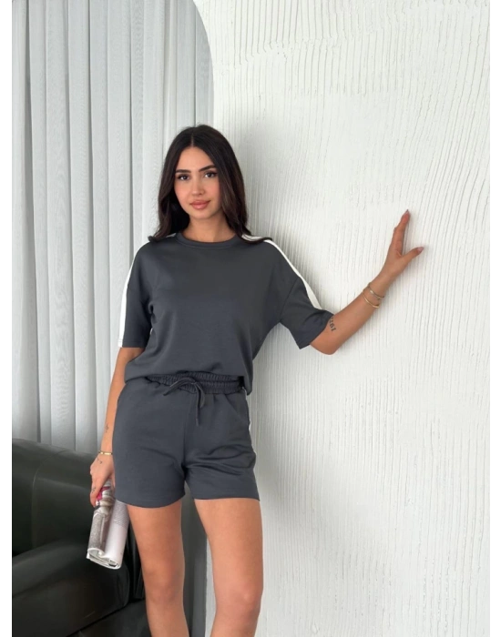 Osy odal Yumuşak Dokulu Kumaş Parçalı Bisiklet Yaka Tshirt Kısa Şort İkili Takım  Antrasit