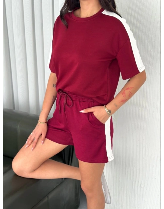 Osy odal Yumuşak Dokulu Kumaş Parçalı Bisiklet Yaka Tshirt Kısa Şort İkili Takım   Bordo