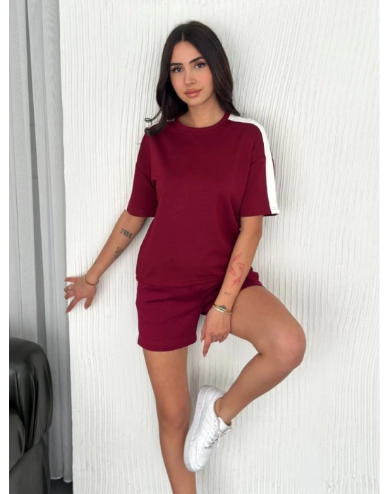 Osy odal Yumuşak Dokulu Kumaş Parçalı Bisiklet Yaka Tshirt Kısa Şort İkili Takım   Bordo