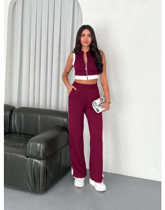 Osy odal Yumuşak Dokulu Kumaş Tam Fermuarlı Crop Pantalon İkili Takım  Bordo