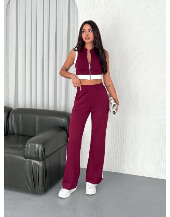 Osy odal Yumuşak Dokulu Kumaş Tam Fermuarlı Crop Pantalon İkili Takım  Bordo