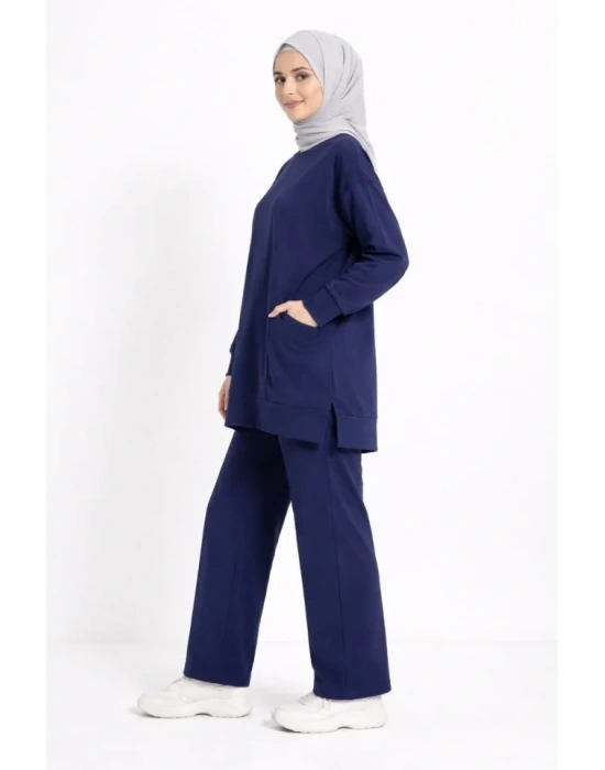 Osy odal Yumuşak Dokulu Kumaş Tesettür Cepli Tunik Pantolon Takım  acivert