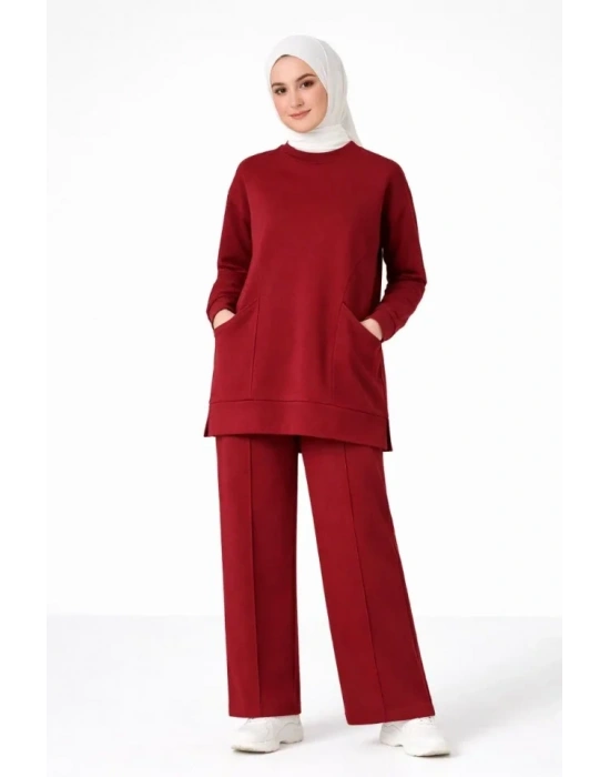 Osy odal Yumuşak Dokulu Kumaş Tesettür Cepli Tunik Pantolon Takım  Bordo