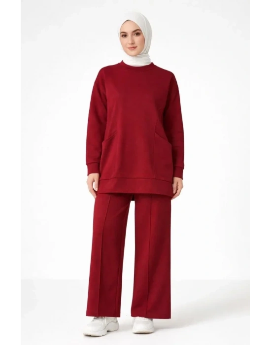 Osy odal Yumuşak Dokulu Kumaş Tesettür Cepli Tunik Pantolon Takım  Bordo
