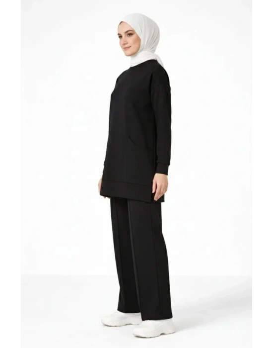 Osy odal Yumuşak Dokulu Kumaş Tesettür Cepli Tunik Pantolon Takım  iyah