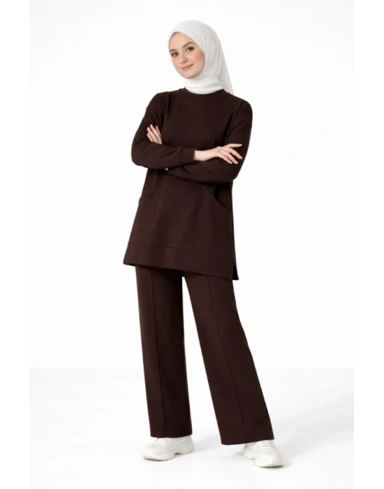 Osy odal Yumuşak Dokulu Kumaş Tesettür Cepli Tunik Pantolon Takım  Kahverengi