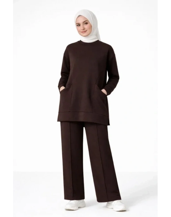 Osy odal Yumuşak Dokulu Kumaş Tesettür Cepli Tunik Pantolon Takım  Kahverengi