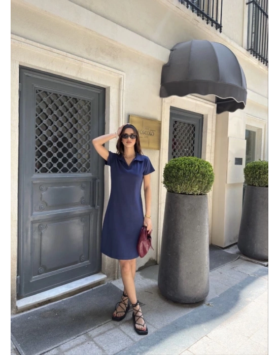 Osy odal Yumuşak Dokulu Kumaş Yakalı Kısa Kollu Elbise  avi