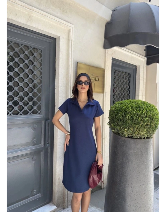 Osy odal Yumuşak Dokulu Kumaş Yakalı Kısa Kollu Elbise  avi