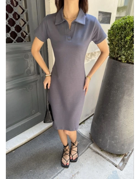 Osy odal Yumuşak Dokulu Kumaş Yakalı Kısa Kollu Elbise  Füme