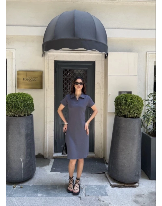 Osy odal Yumuşak Dokulu Kumaş Yakalı Kısa Kollu Elbise  Füme