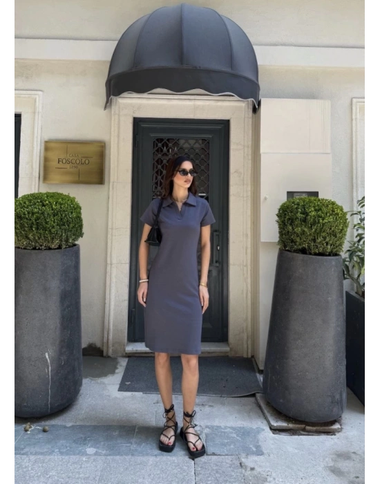 Osy odal Yumuşak Dokulu Kumaş Yakalı Kısa Kollu Elbise  Füme